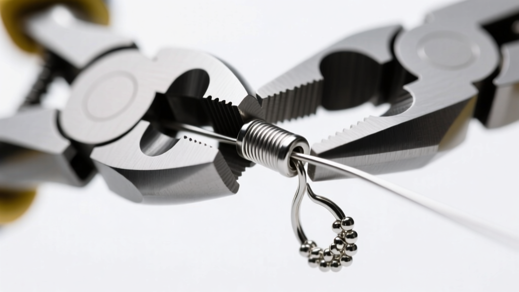 Close-up of crimping pliers compressing a 2mm silver crimp tube over 0.019-inch beading wire near an ear wire loop.