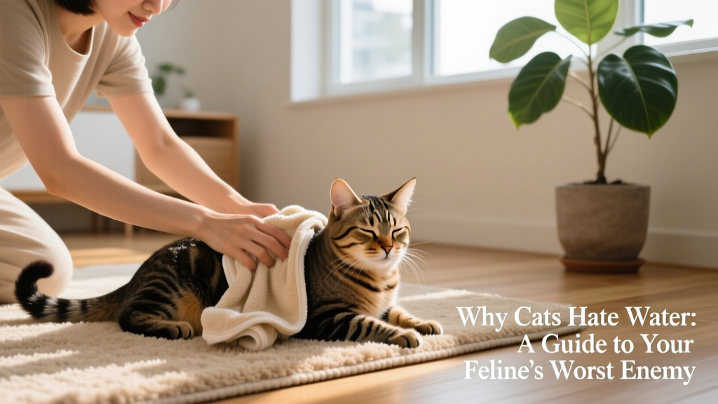 Owner calmly drying a relaxed cat with a soft microfiber towel