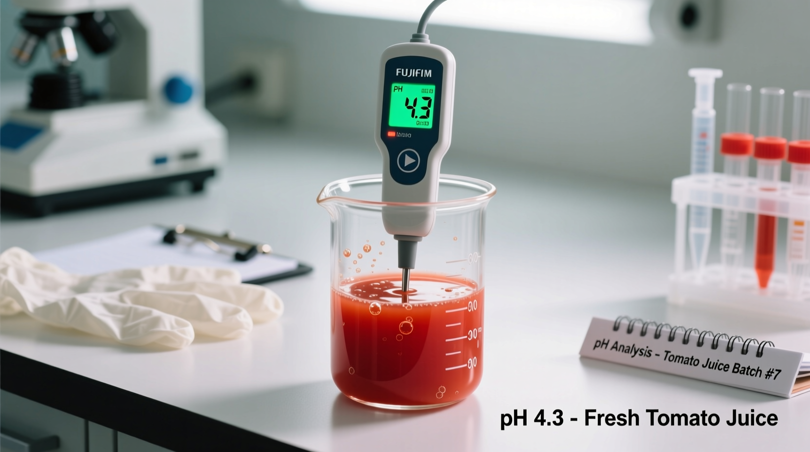 Tomato juice pH testing with digital meter
