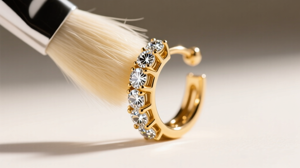Close-up of a soft bristle brush gently cleaning micro-pavé diamond settings on a gold multi stone earring under bright light