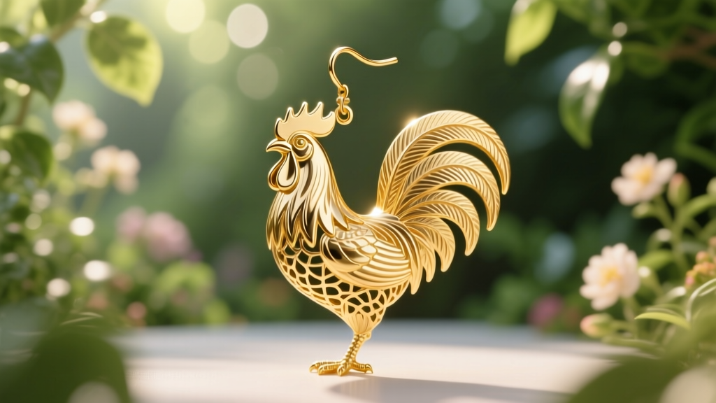 14k gold vermeil rooster dangle earring with detailed feather texturing, set against a softly blurred botanical garden backdrop.
