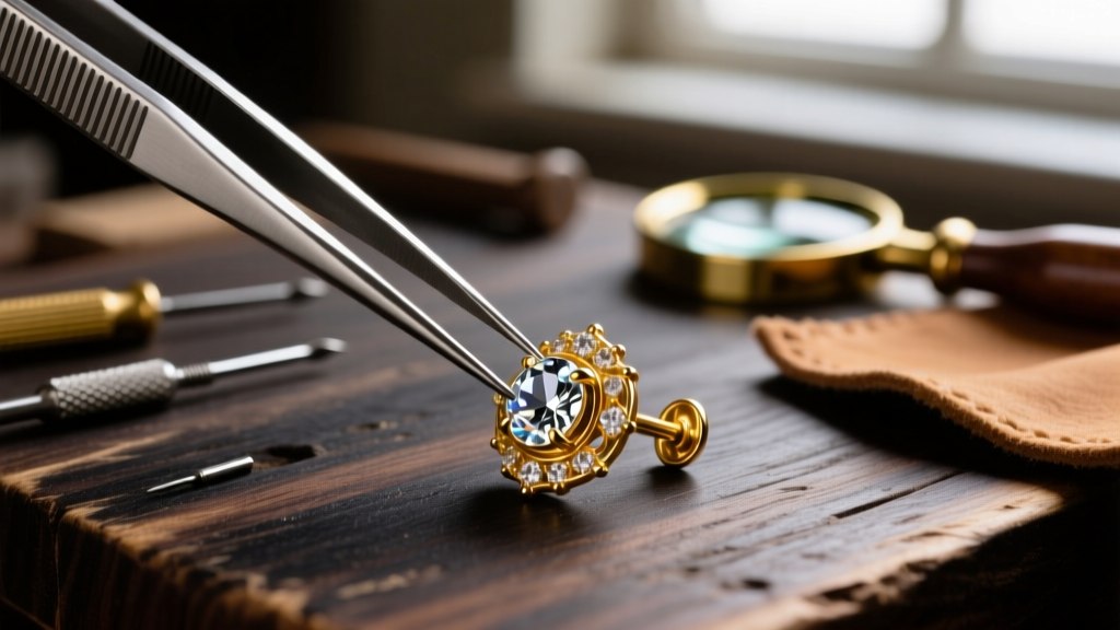 Tweezers placing a 4mm foiled glass rhinestone into a gold-tone prong setting on a vintage earring at a jewelry repair workbench.