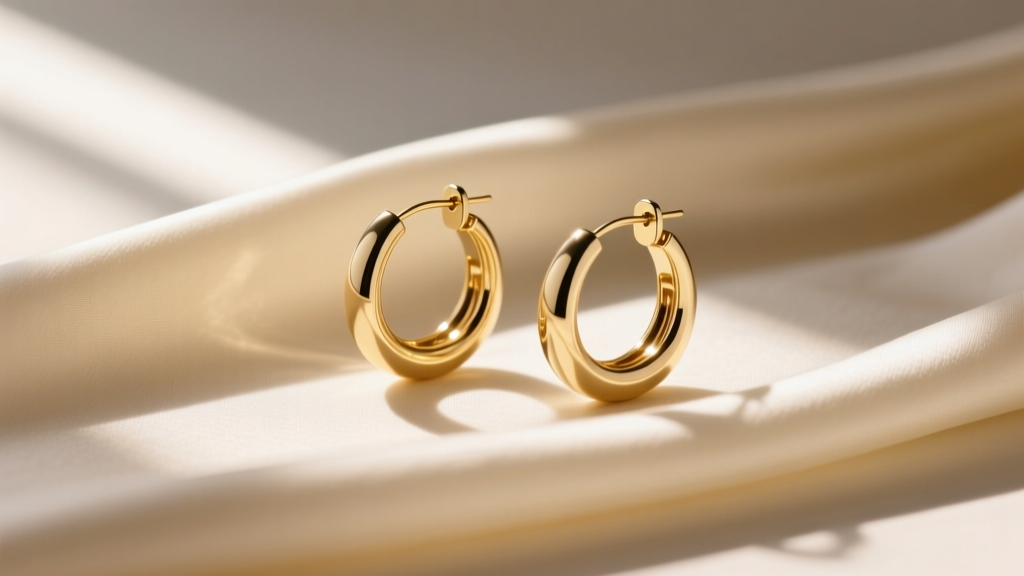 Gold-tone Kate Spade hoop earrings resting on cream silk fabric with soft morning light casting gentle shadows