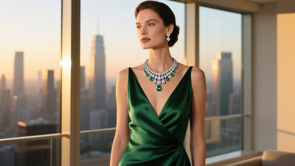 Woman wearing a 16-inch lab-grown diamond rivière necklace with a deep V-neck emerald silk gown under soft, warm evening lighting