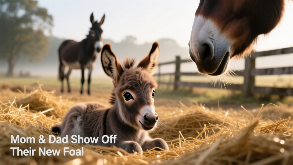 Close-up of the baby donkey resting on soft hay, eyes wide and ears perked, with one parent’s gentle muzzle visible in the corner of the frame