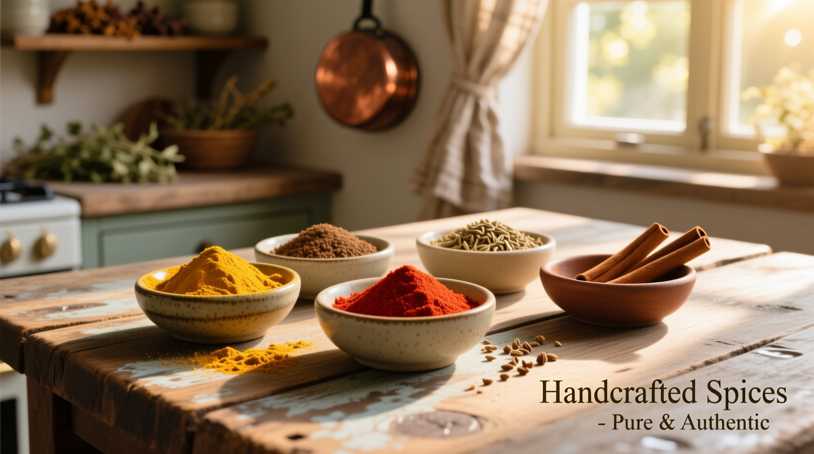 Spice blend ingredients in small bowls on wooden table