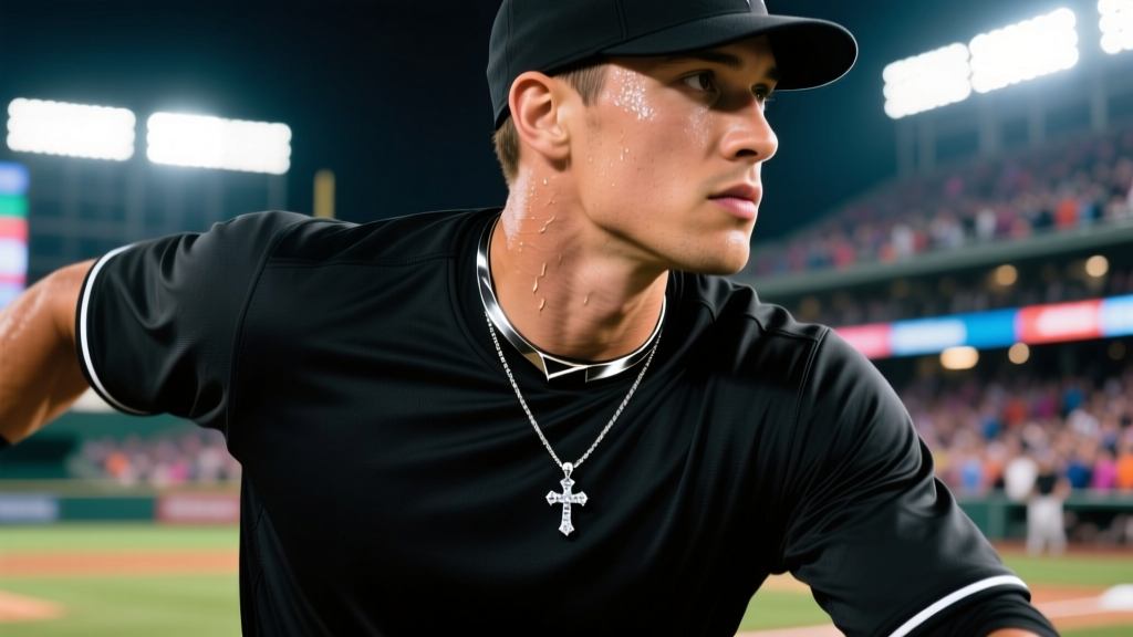 Professional baseball player wearing a black titanium Phiten necklace and small diamond cross pendant under bright stadium lights
