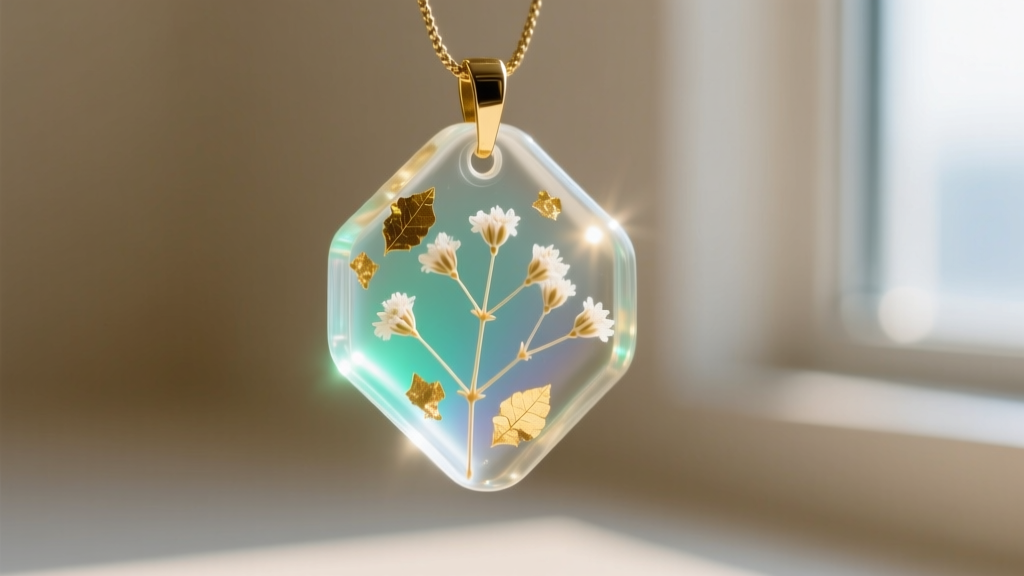 Macro shot of a UV resin pendant with suspended gold leaf flakes and tiny dried baby