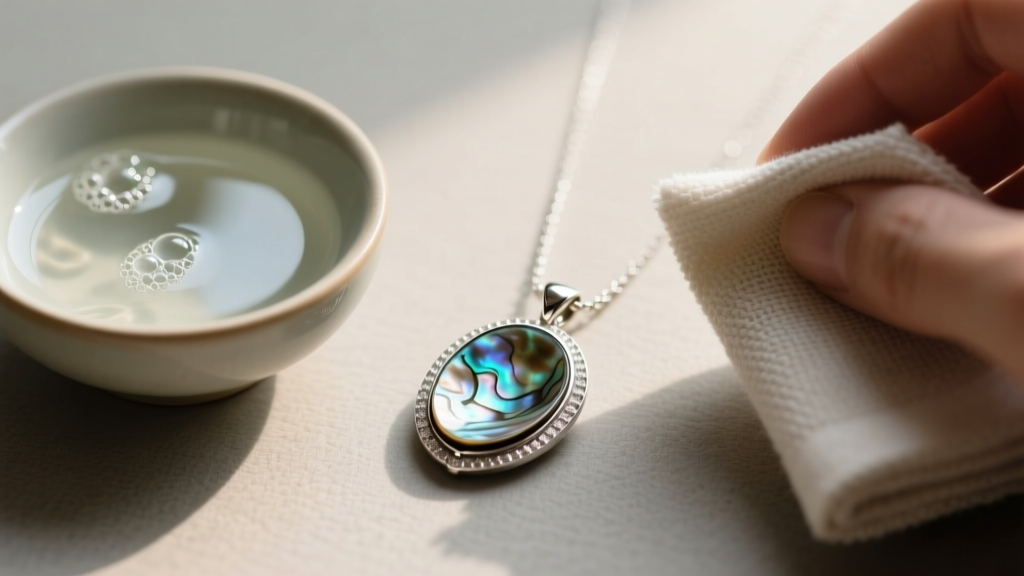 Soft microfiber cloth gently polishing a silver-set abalone pendant necklace next to a small bowl of mild soapy water.