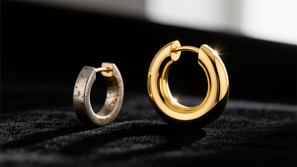 Macro shot of a dull low-karat alloy earring beside a bright 18k yellow gold huggie hoop resting on dark velvet.