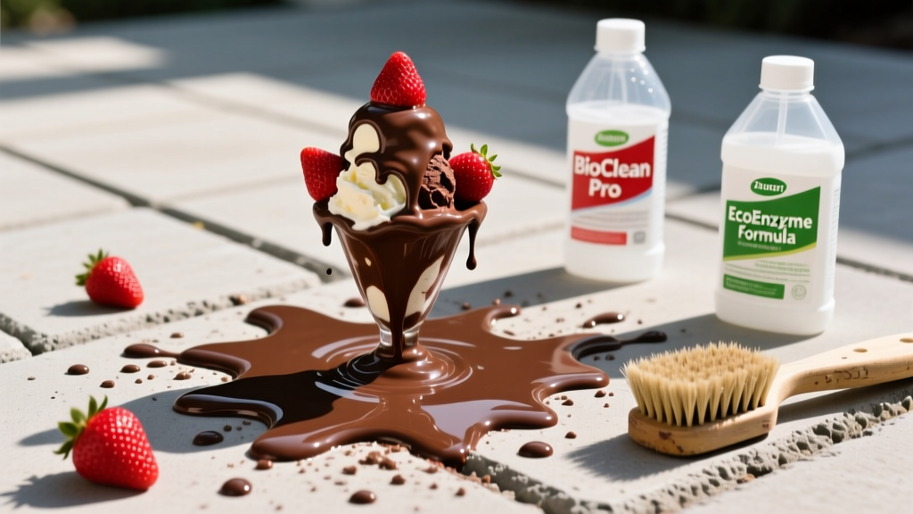 Melted chocolate and strawberry ice cream sundae spilled on a stamped concrete patio next to enzymatic cleaning supplies and a stiff bristle brush