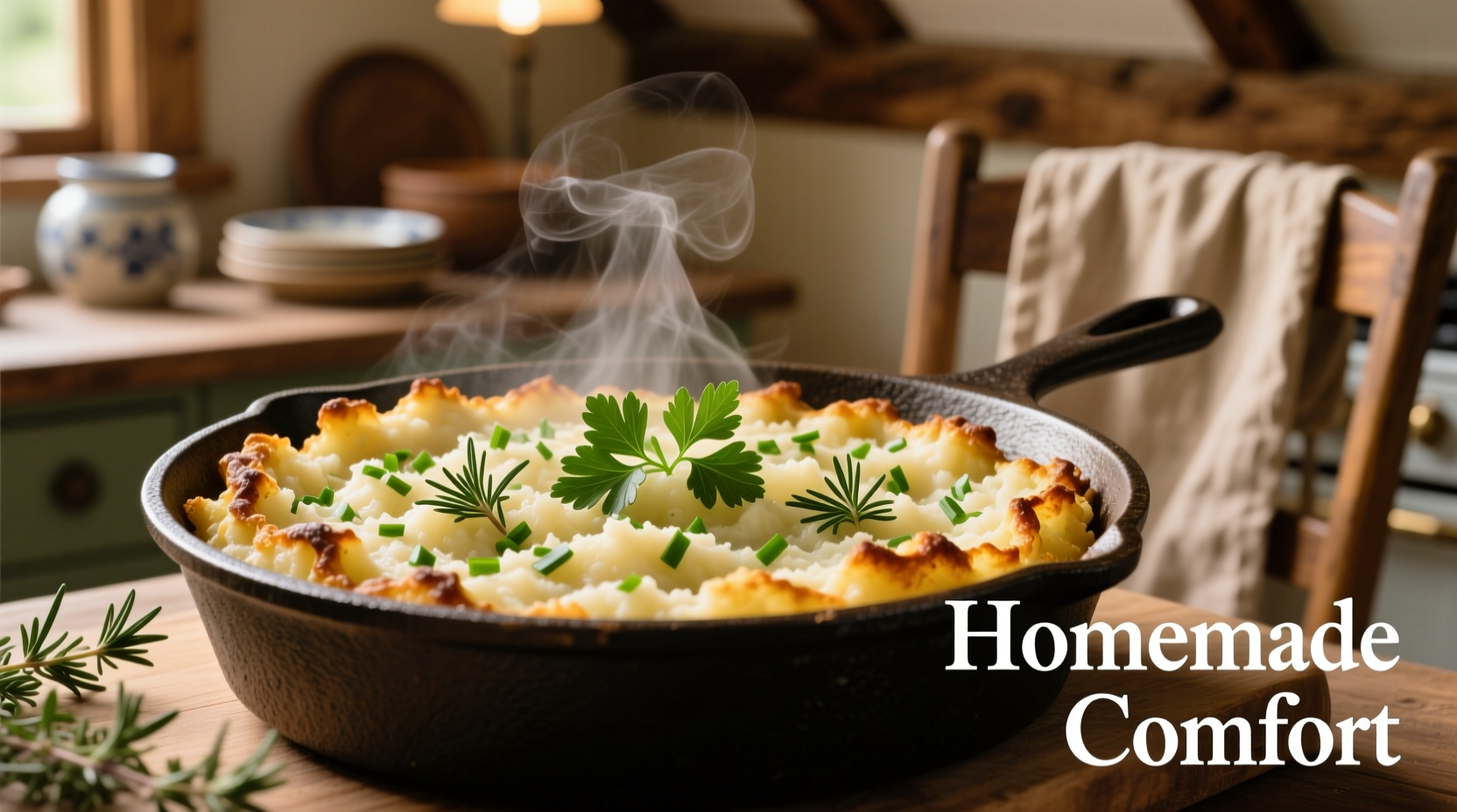 Creamy potato stuffing with herbs in cast iron skillet