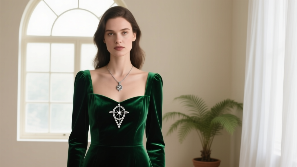 Woman in emerald velvet square-neck dress with a silver Evenstar pendant resting on her upper chest in soft natural window light.