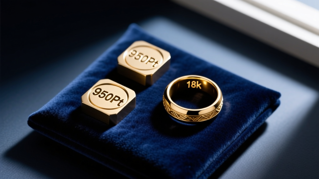 Overhead view of metal testing stamps like 950Pt and 18k engraved on inner ring shanks, resting against a dark blue velvet pad.