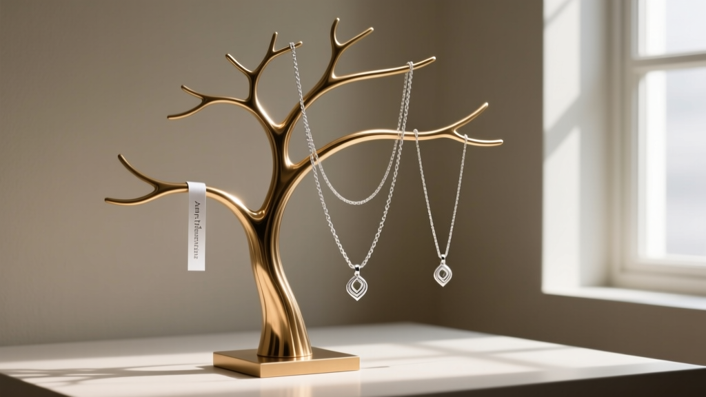 Anti-tarnish strip tucked behind a brass tree aesthetic jewelry display, protecting hanging silver chain necklaces from oxidizing.