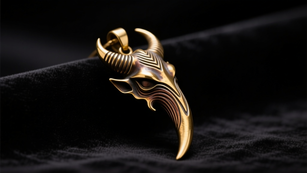 Darkened brass demon horn pendant on black velvet, showing intricate ridges and sharp tip under moody studio lighting.
