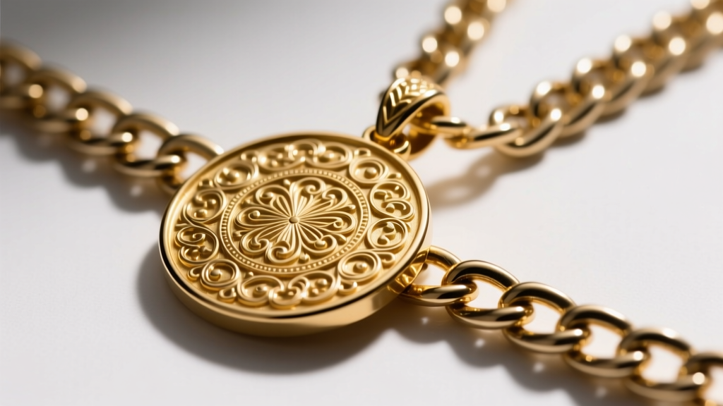 Close-up of a heavy, intricately engraved gold vermeil medallion pendant resting on a thick 14-gauge curb chain, studio lighting