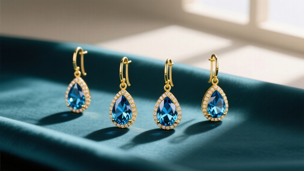 Flat lay of 14k yellow gold dangle earrings with teardrop Swiss blue topaz gems resting on teal silk fabric in soft natural light