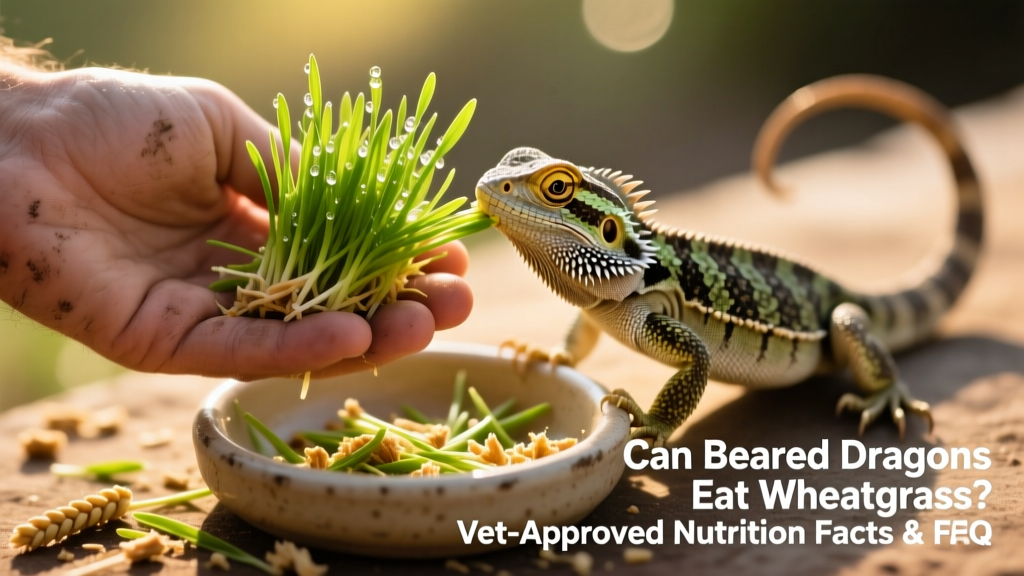Hand holding a small handful of fresh, vibrant wheatgrass sprouts next to a bearded dragon’s feeding dish