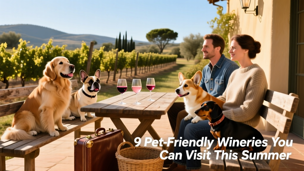 A sunny outdoor patio at a vineyard with dogs lounging beside their owners and wine glasses on wooden tables