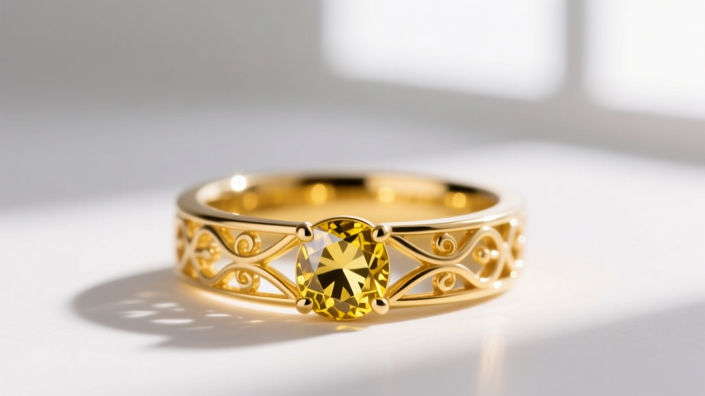 Macro shot of a yellow jeweler's rouge cloth gently rubbing the post of a silver butterfly-back stud earring in warm light.