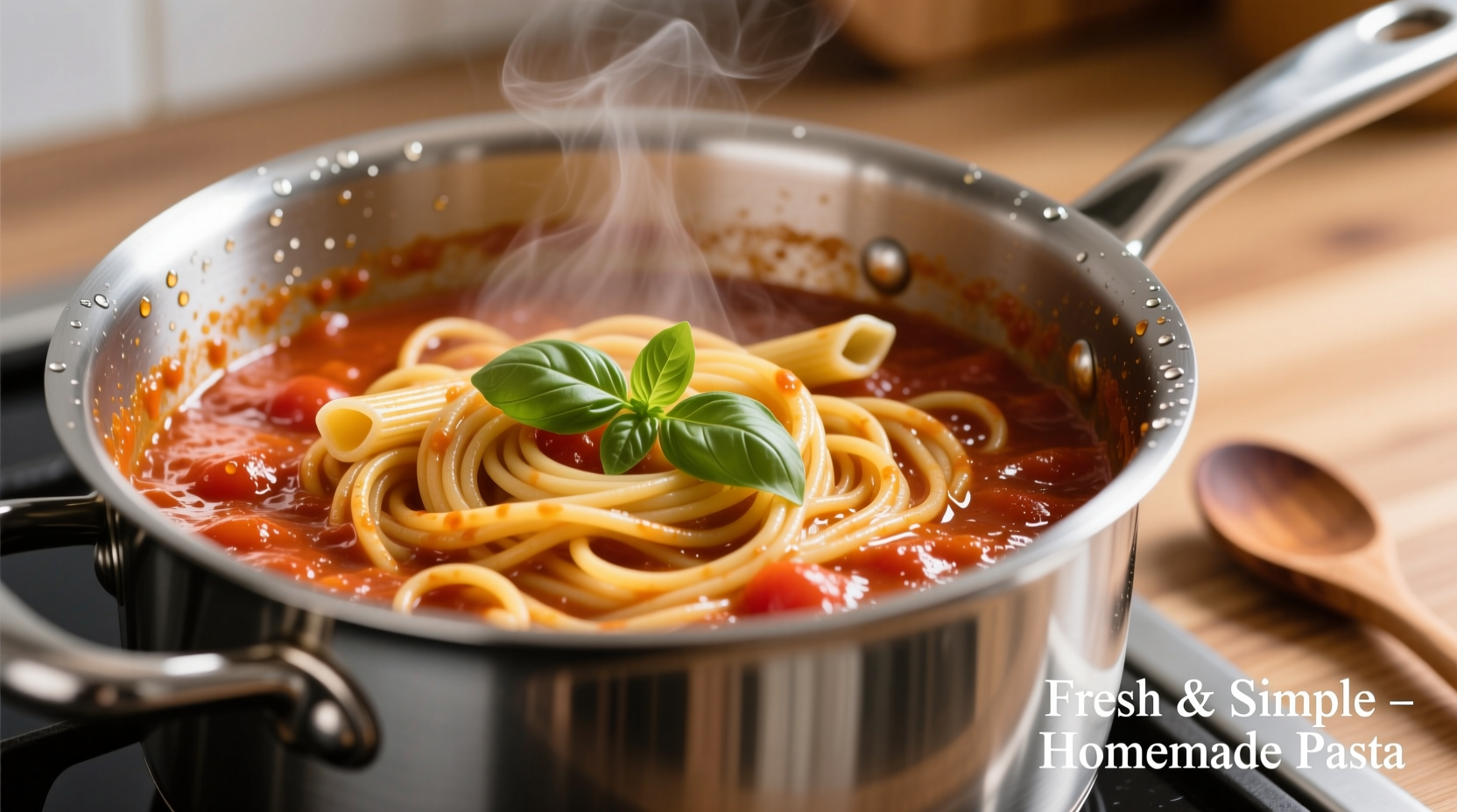 Pasta cooking in tomato sauce in stainless steel pot