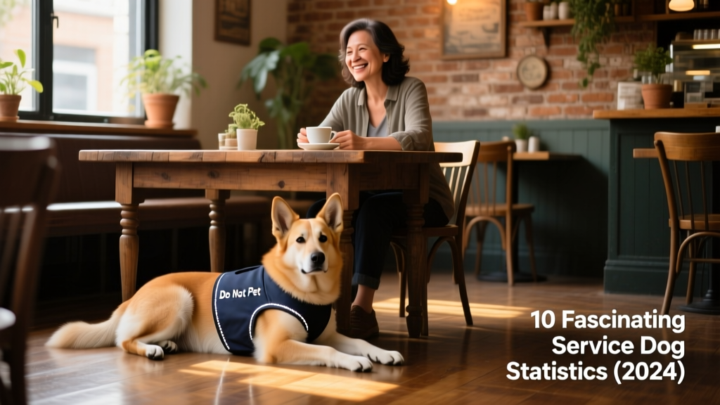 A service dog lying quietly under a restaurant table while its handler enjoys a meal, wearing a discreet 'Do Not Pet' vest