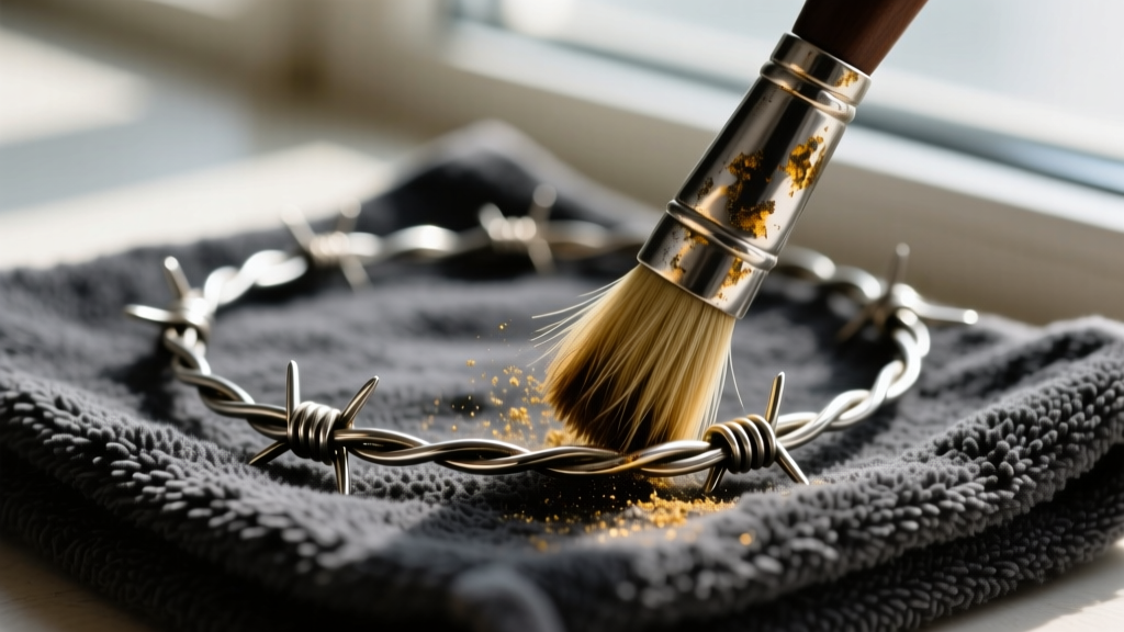 Horsehair brush cleaning crevices of an oxidized sterling silver barbed wire necklace resting on a dark gray microfiber towel