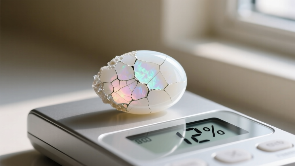 Macro view of a cracked white opal cabochon on a digital hygrometer showing low humidity, highlighting gemstone dehydration issues