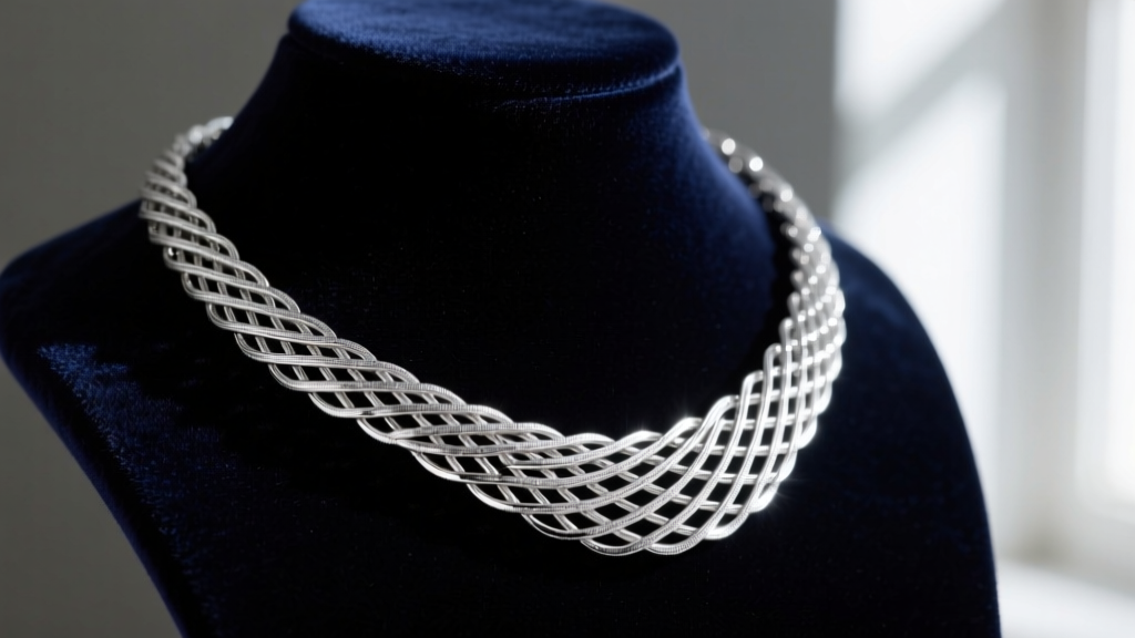Close-up of a rhodium-plated sterling silver flexible mesh necklace draped elegantly over a dark velvet jewelry display bust.