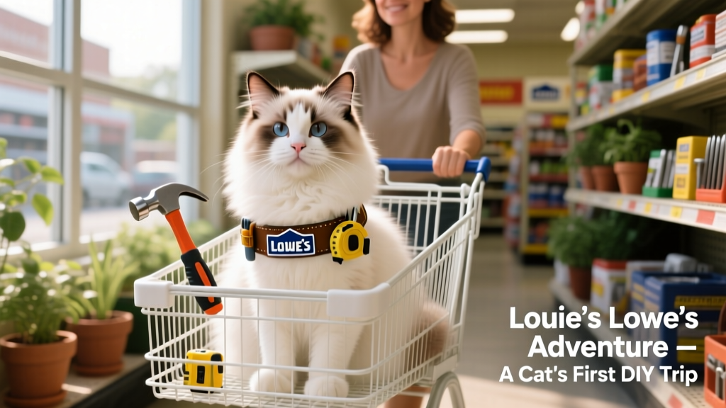Louie the Ragdoll cat sitting calmly in a Lowe's shopping cart, wearing a tiny tool belt