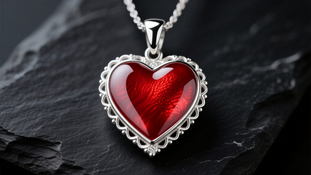 Macro shot of a Susan Shaw sterling silver heart pendant with vibrant hand-painted red vitreous enamel on a dark slate background.