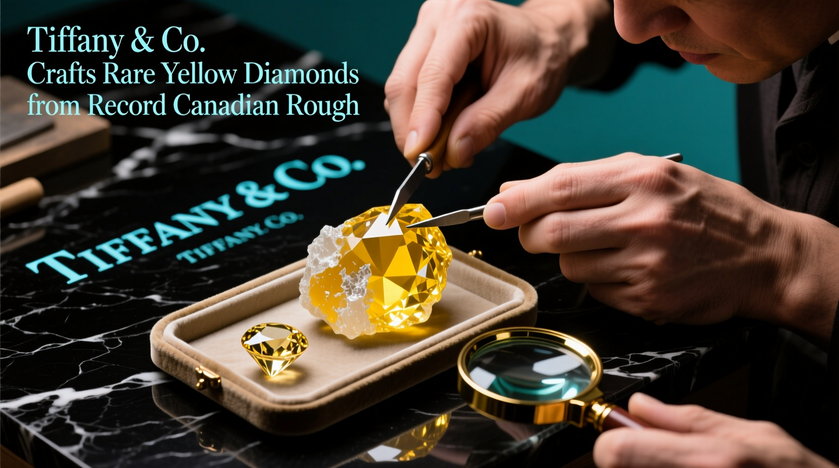 tiffany co artisans craft over 15 carat and 20 carat fancy vivid yellow diamonds from a 71 carat rough stone the largest ever discovered in canada