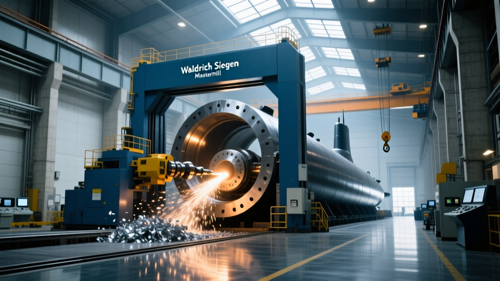 Massive Waldrich Siegen Mastermill portal CNC machine machining a large submarine hull component in a heavy industrial facility