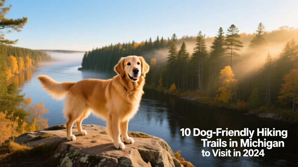 A golden retriever standing confidently on a rocky overlook overlooking the Au Sable River, with pine forest in the background