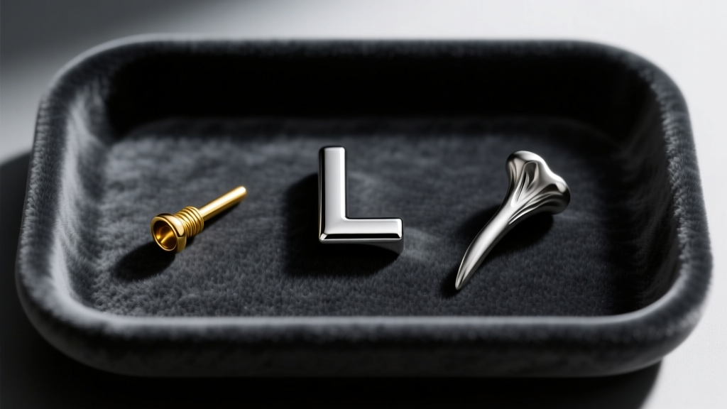 Flat lay of three nose studs: a steel L-shape, a 14k gold threadless pin, and a titanium bone stud on a dark velvet tray.
