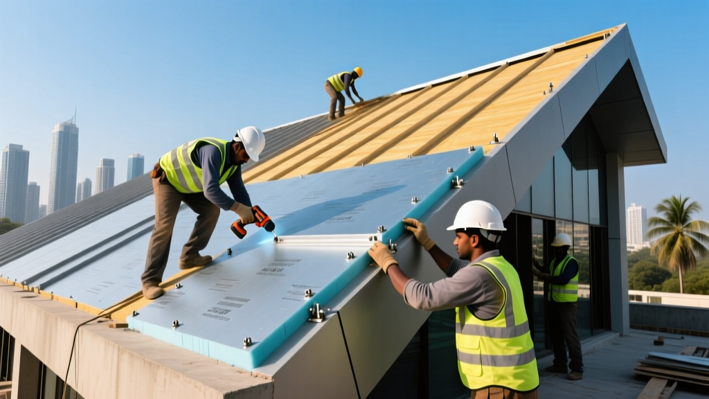 Construction workers installing rigid XPS foam insulation boards on the roof of a modern commercial building in Mumbai under bright sunlight