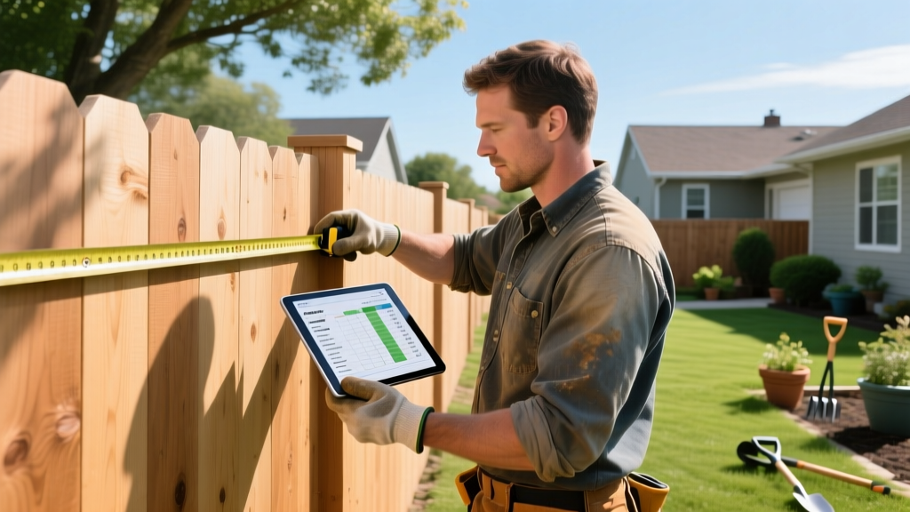 Carpenter measuring a new cedar privacy fence while reviewing build costs and upkeep schedules on a tablet in a bright suburban yard.