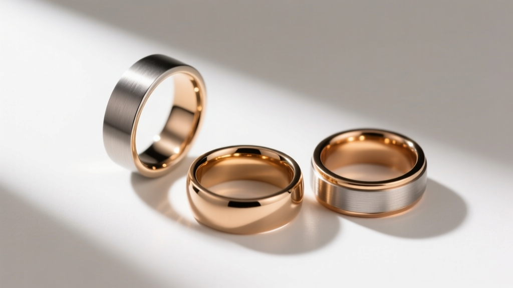 Macro shot of three titanium and niobium body jewelry rings in a triangle, highlighting matte and polished metal surface finishes.