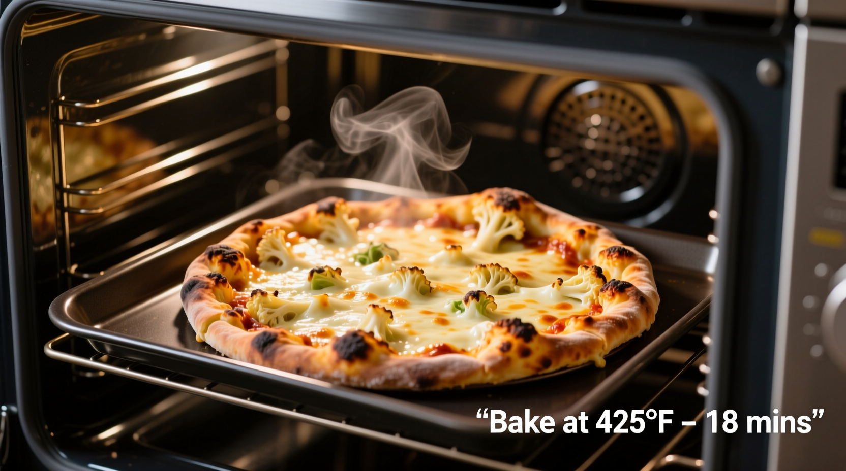 Frozen cauliflower crust pizza baking in oven