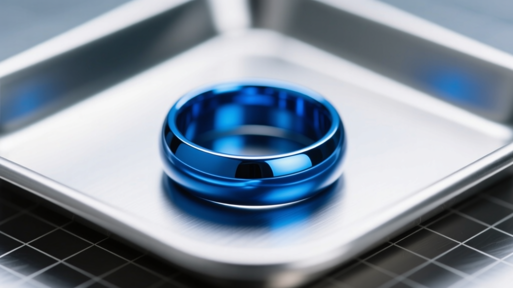 Close-up of a polished 10-gauge niobium captive bead ring in ocean blue on a sterile medical tray under bright clinical lighting
