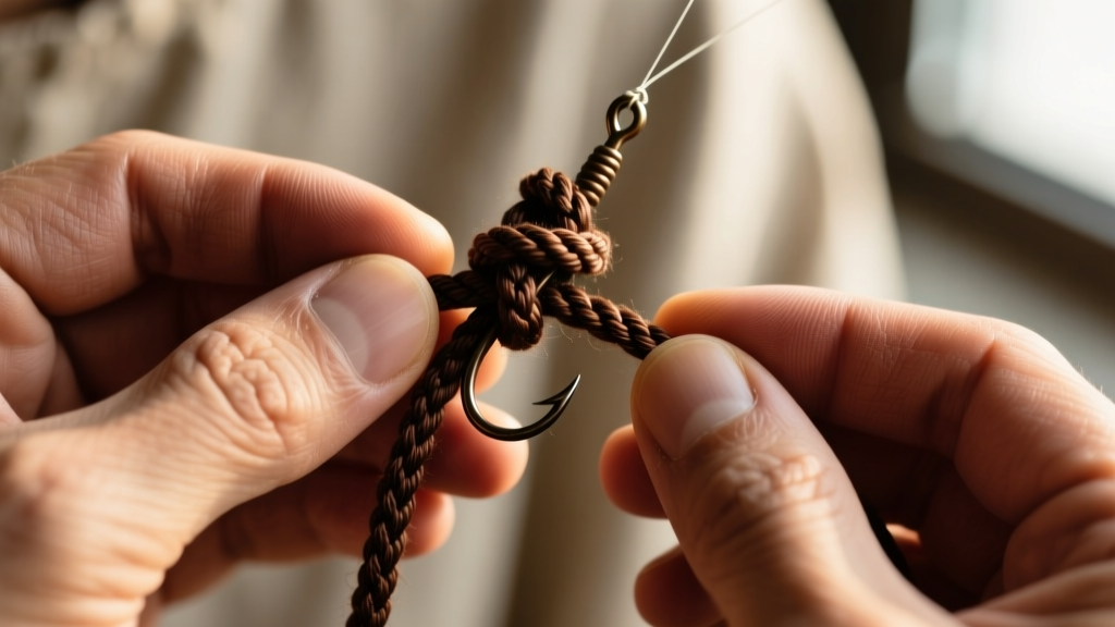Macro photography of fingers tying a dark brown waxed cotton adjustable sliding knot on a braided cord for a fish hook