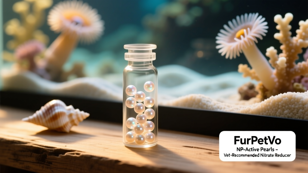 Close-up of FurPetVo NP-Active Pearls—small, translucent bio-pellets in a clear container