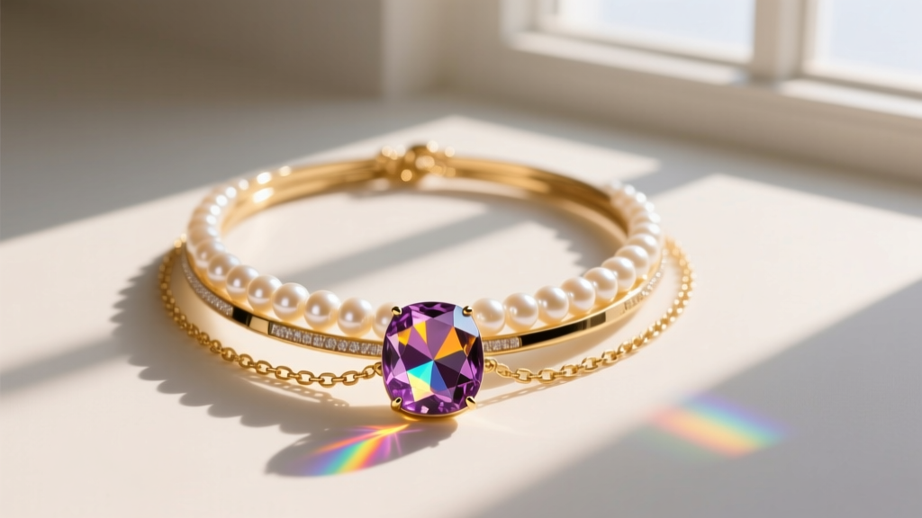 Layered stack featuring a gold chain, a pearl choker, and a central rose-cut amethyst kaleidoscope pendant catching warm light.