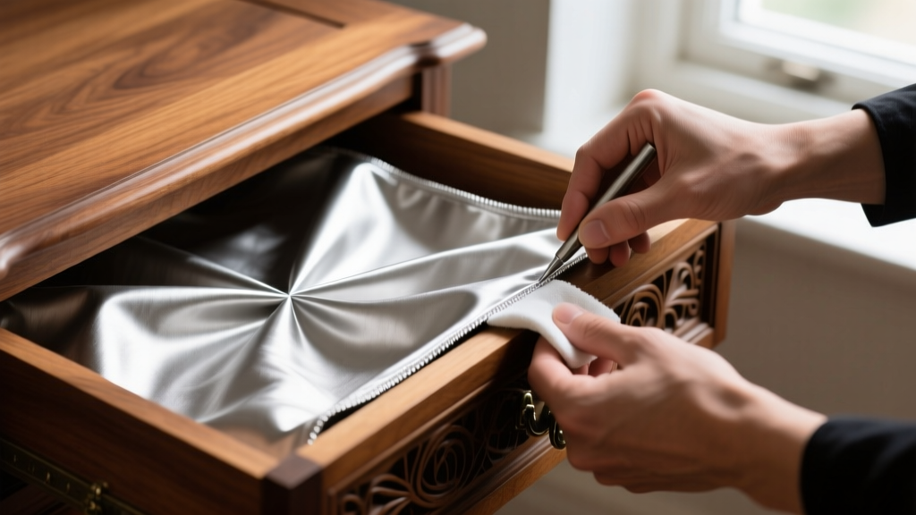 Hands applying anti-tarnish silver cloth lining inside a carved wood drawer, showing neat fabric folds and precise adhesive edges