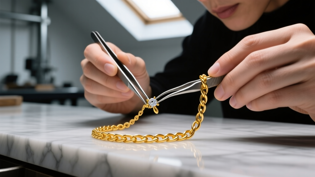 Close-up of a jeweler using precision tweezers to inspect a 5mm lobster clasp on a delicate 18-karat yellow gold cable chain