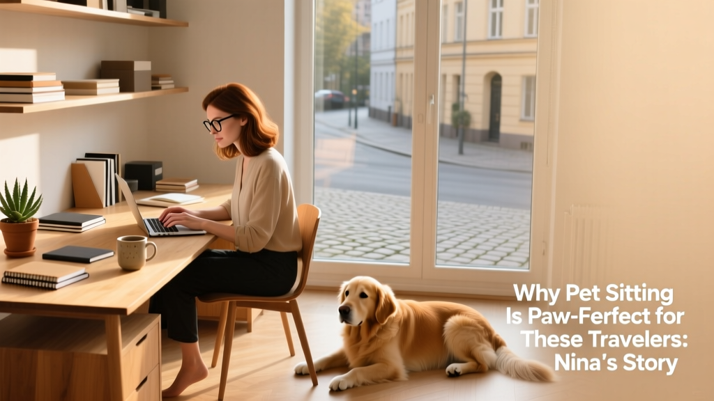 Nina working on her laptop at a tidy desk in a Berlin apartment, with a golden retriever named Cheddar resting nearby