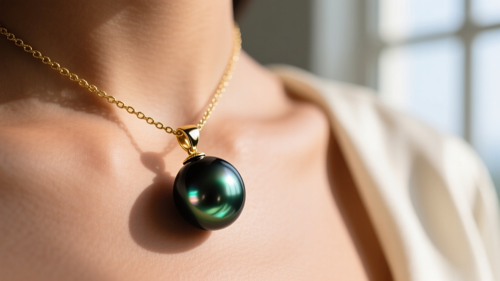 Macro shot of a Tahitian black pearl pendant on a gold chain, showing deep green overtone and thick nacre against skin