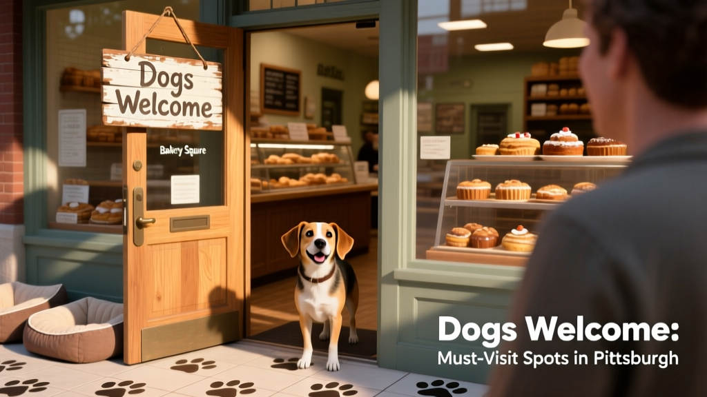 A dog-friendly retail storefront at Bakery Square with an open door and 'Dogs Welcome' sign