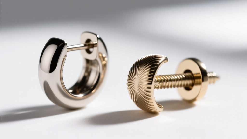 Close-up comparing a friction push-back earring and a threaded screw-back earring, highlighting the fine metal threading grooves